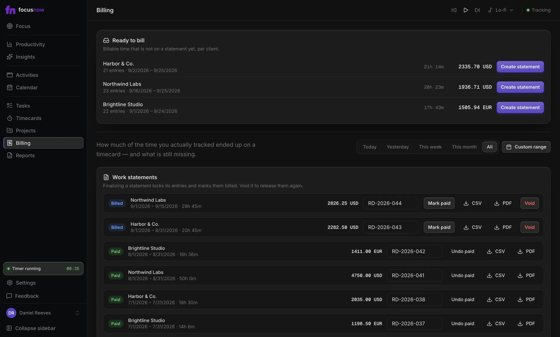 Ready to bill: hours and amounts per client, each with a Create statement button