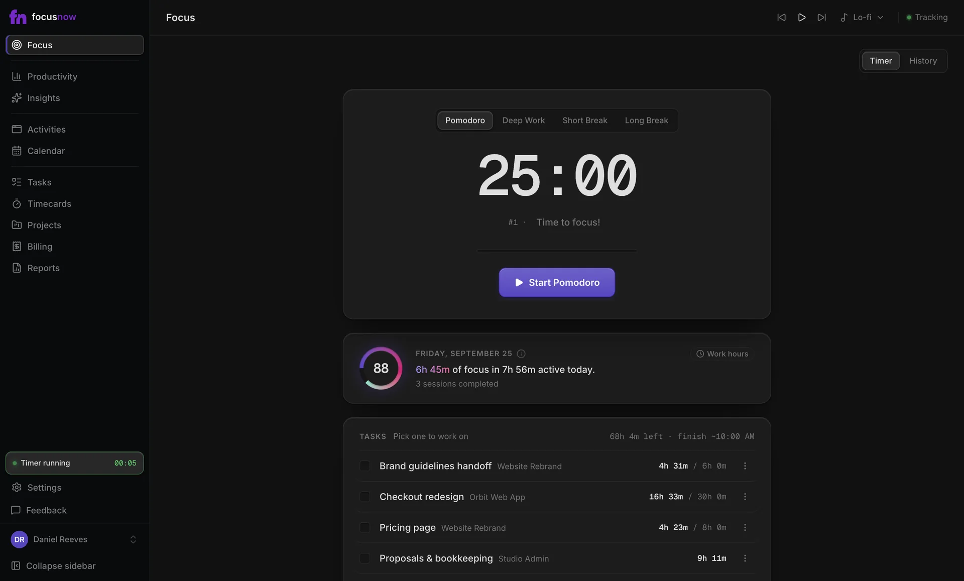 FocusNow Focus page: a 25-minute Pomodoro timer and today's summary with a Focus Score of 88