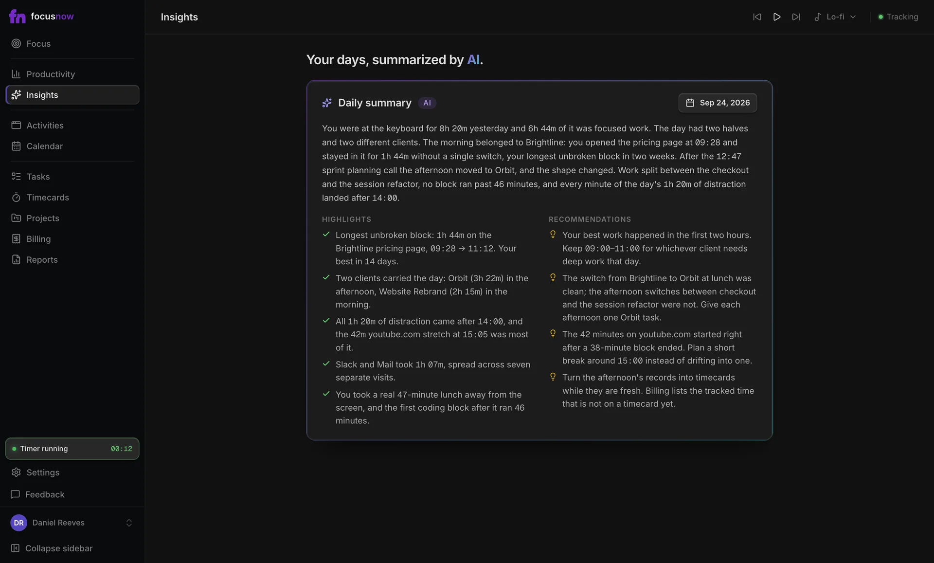 Highlights from an AI daily report, such as the longest unbroken work block of the day
