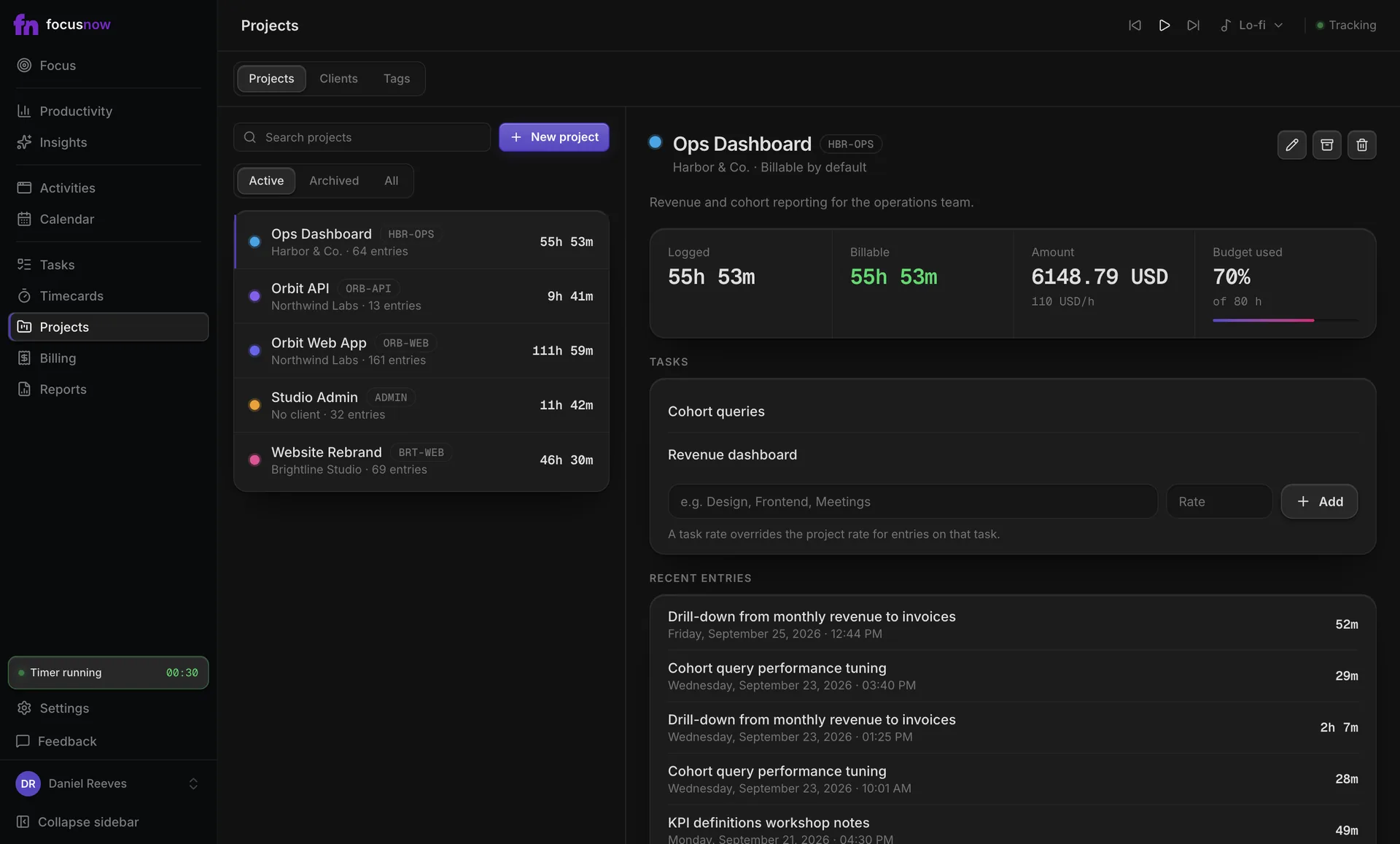 Projects list with clients and logged hours for each project