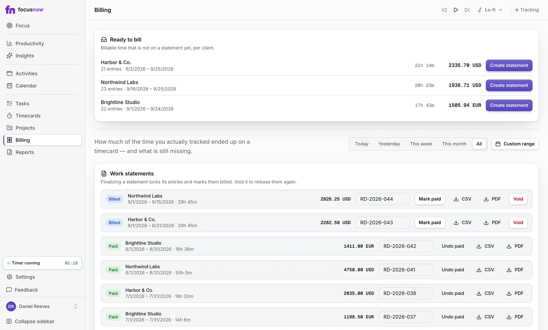Ready to bill: hours and amounts per client, each with a Create statement button