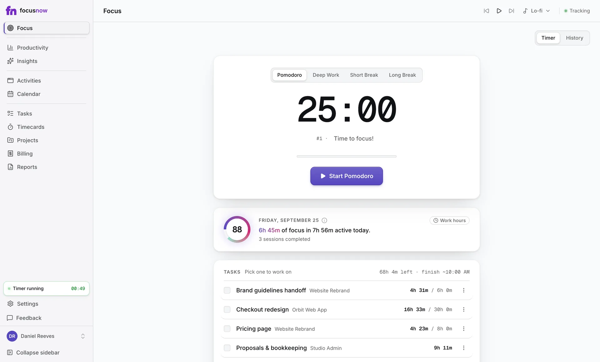 FocusNow Focus page: a 25-minute Pomodoro timer and today's summary with a Focus Score of 88