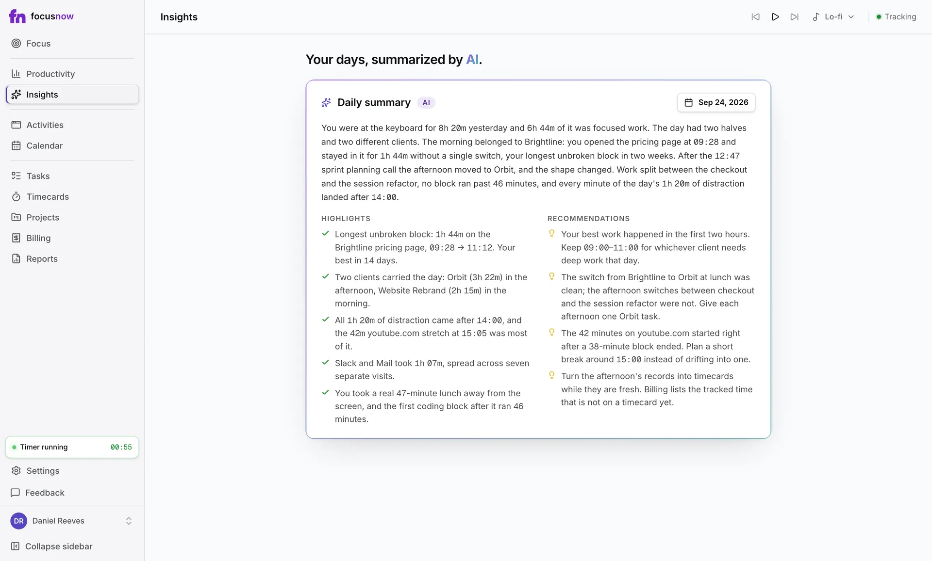 Highlights from an AI daily report, such as the longest unbroken work block of the day