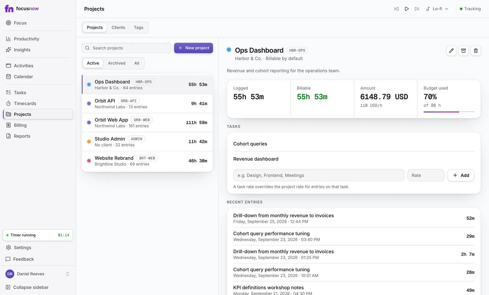 Projects list with clients and logged hours for each project